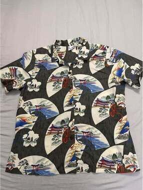 Island Wear Made in Hawaii Japanese Fan Print Aloha Shirt Mens Size XL Used